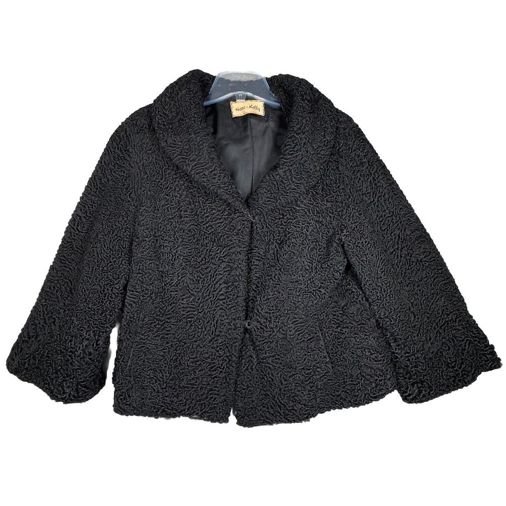 Hens & Kelly Coat‎ Womens Large Black Curly Textured Crop Glam Neutral Vintage